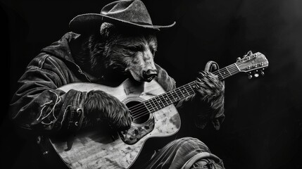 Whimsical image of a bear playing a guitar. Playful and anthropomorphic.