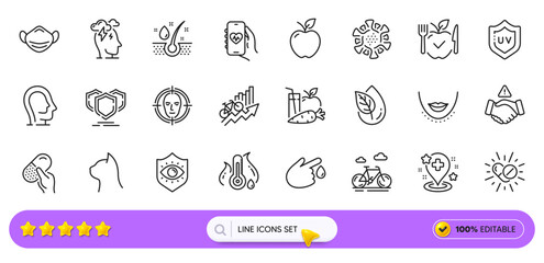 Fever temperature, Psychology and Stress line icons for web app. Pack of Coronavirus, Eye protection, Blood donation pictogram icons. Serum oil, Pets care, Juice signs. Chin. Search bar. Vector