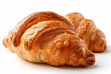 The delicious, flaky, golden brown croissant lying on a white background, perfect for breakfast, snack, or pastry presentation, baked treats concept