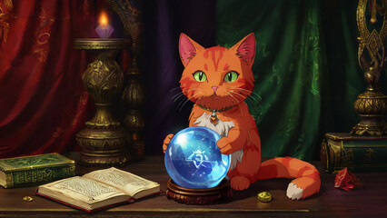 red cat fortune teller with a crystal ball for predictions,  AI generated