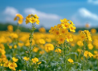 Obraz premium Yellow Flower Field Under Blue Sky