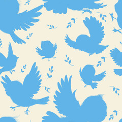 Seamless texture with birds, feathers and dots, various small elements, in blue cream and brown colors.