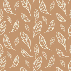Fototapeta premium Seamless texture with birds, feathers and dots, various small elements, in blue cream and brown colors.