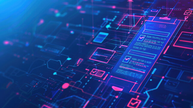 An abstract blue screen depicting legal compliance procedures, policy documents, and checkmark boxes, illustrating a structured approach to regulatory adherence