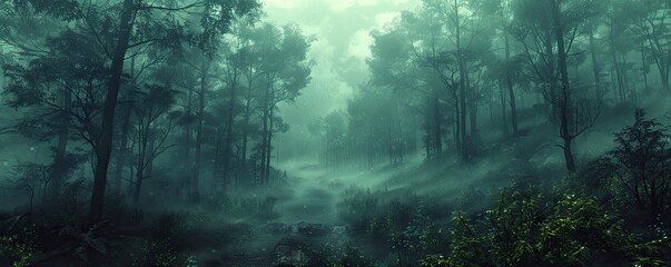 Obraz premium Dense forest shrouded in mist, creating a mysterious and serene ambiance. Lush greenery and fog blend seamlessly to evoke a dreamy atmosphere.