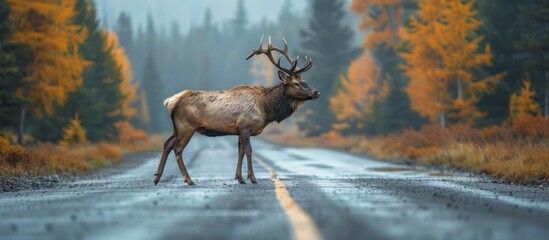 Elk on a Foggy Road