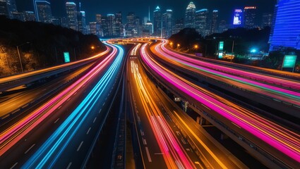 A long exposure shot of city lights creating colorful trails, symbolizing speed, technology, and modern urban life.