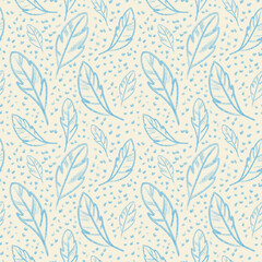 Seamless texture with birds, feathers and dots, various small elements, in blue cream and brown colors.
