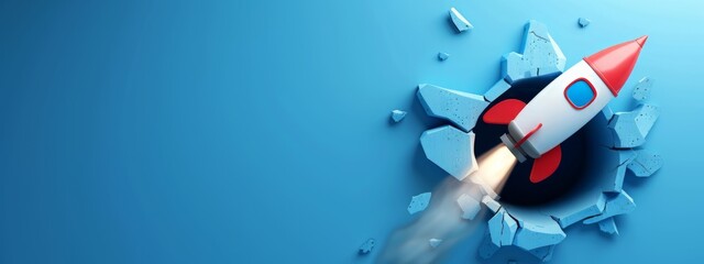 Obraz premium A Rocket or Spaceship Breaking Through a Blue Background. Creative Banner Design with Blank Copyspace for Custom Advertising and Messaging.