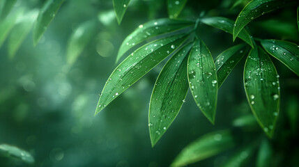 Obraz premium Green Leaves With Dew Drops. Generative AI