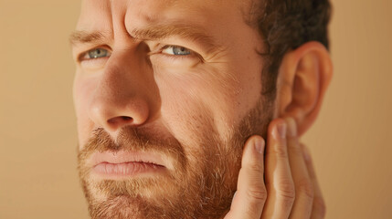 Fototapeta premium expressing pain with hand on cheek, indicating toothache or dental pain, against a plain background.