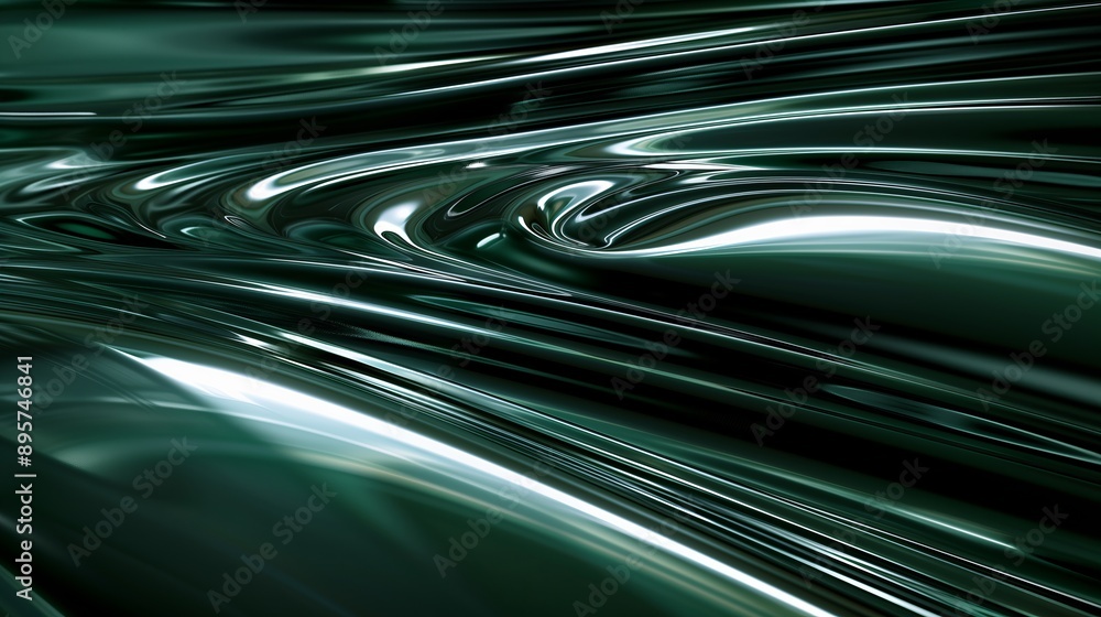 Poster an abstract background with dark green and metallic tones, featuring curved lines.