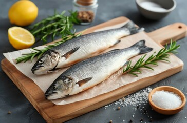 Raw Sea Bass on Cutting Board