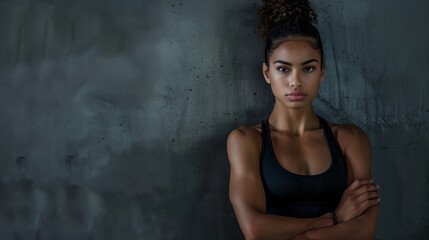 Fototapeta premium Portrait of a confident young woman with arms crossed, standing against a gray background. She wears a sports tank top, exuding fitness and strength.