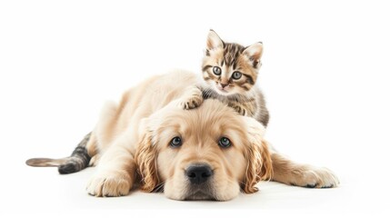 Cute Kitten Sitting on Golden Retriever Puppy