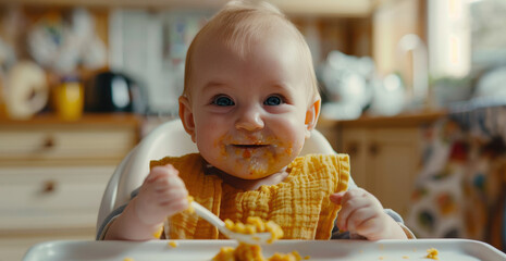 Adorable baby enjoying mealtime with a messy face at home in high chair