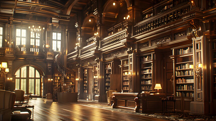 Historic Library Interior: A grand and historic library interior with tall bookshelves, wooden furniture, and soft lighting. The image should capture the timeless elegance of the setting.



