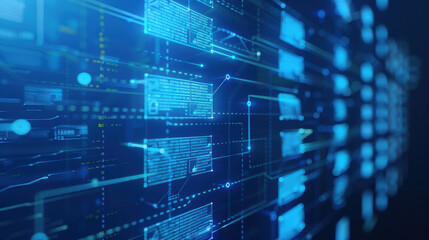 An abstract blue screen depicting legal compliance procedures, policy documents, and checkmark boxes, illustrating a structured approach to regulatory adherence