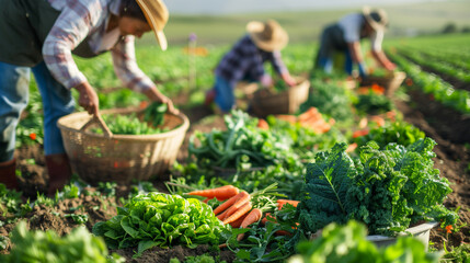 Close-up of fresh organic carrots being harvested by farmers in a lush green field.