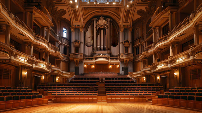 An empty, majestic concert hall featuring a grand organ illuminated by warm golden light, showcasing opulent architectural details and an inviting ambiance.