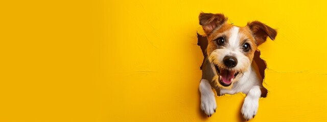Dynamic Image of a Rusell Terrier Dog Bursting or Breaking Through a Yellow Wall. Creative Design Banner with Blank Copyspace for Custom Advertising and Messaging