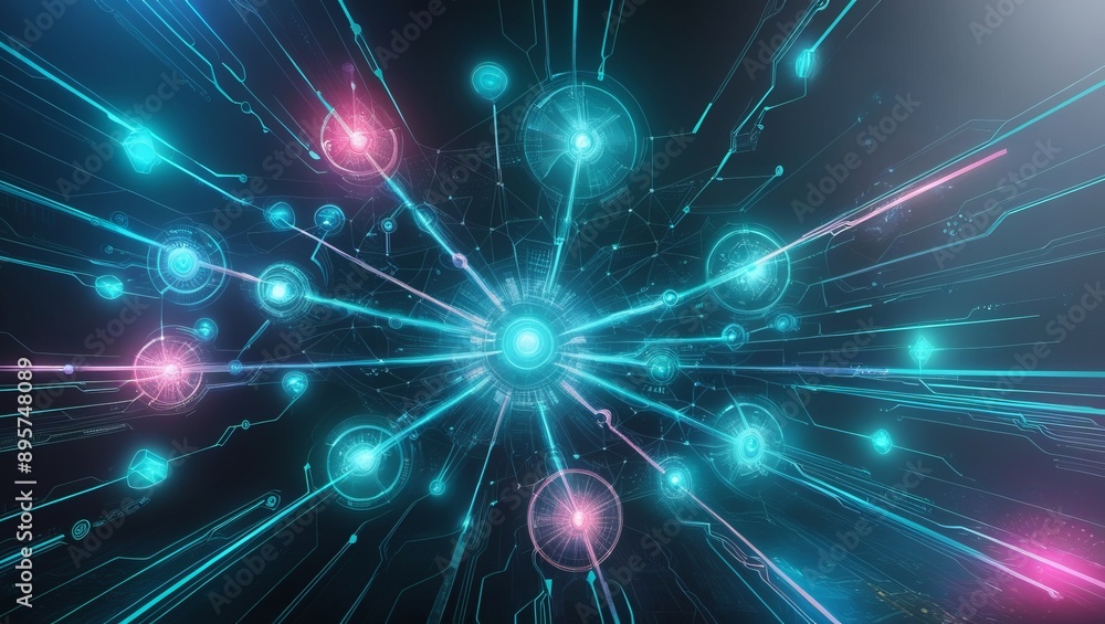 Poster a digital representation of a network with glowing nodes and connections, illustrating technology an