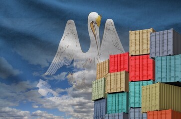 Louisiana US state flag and big stack of shipping cargo containers in docks with sky background...