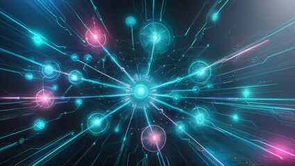 A digital representation of a network with glowing nodes and connections, illustrating technology and data communication.