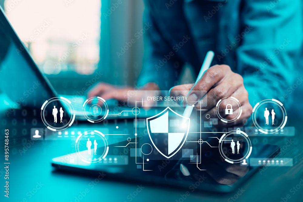 Poster cyber security and security password login online concept hands typing and entering username and pas
