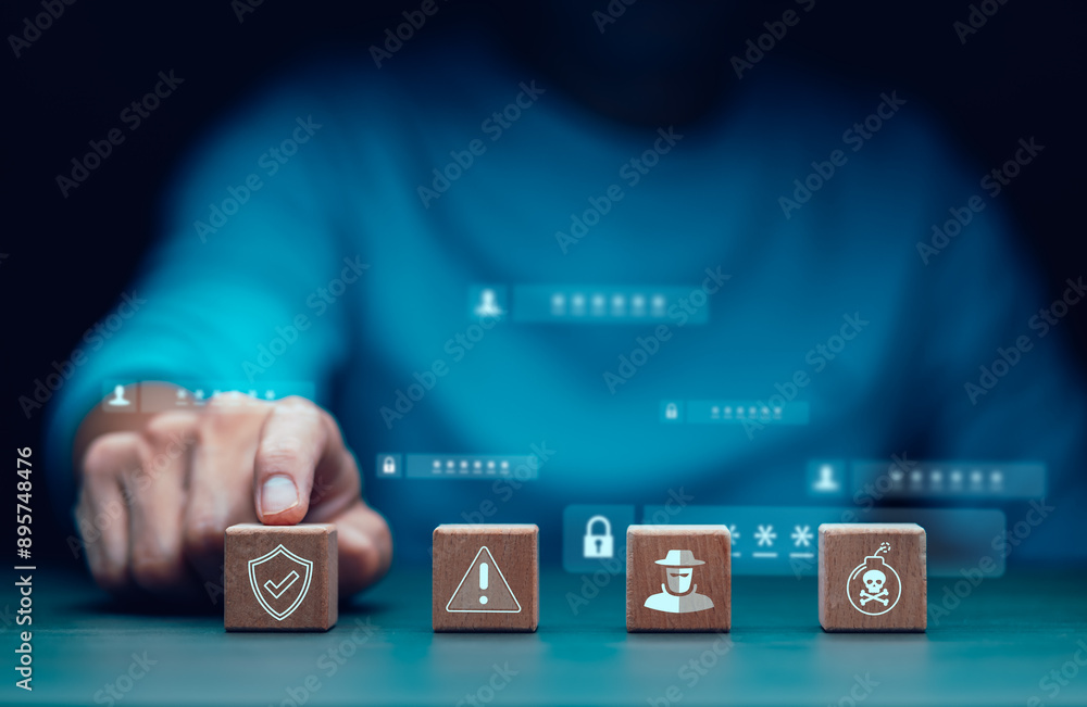Poster cyber security and security password login online concept hands typing and entering username and pas