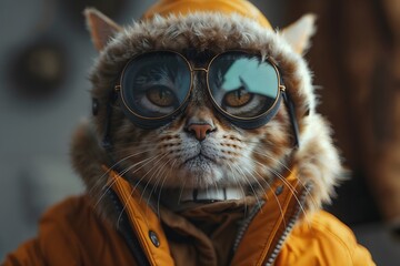 Bengal Cat in Winter Jacket with Snow Goggles, Detailed Close-Up Portrait in Indoor Setting, Orange and Black Accents, Fashionable Pet Attire. Winter sport accessories advertising. 