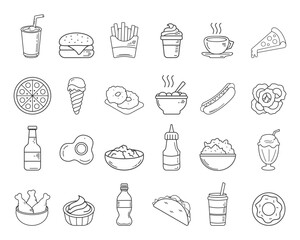 Set of flat linear fast food icons. Vector illustration. Thin icons for restaurant menu. Isolated