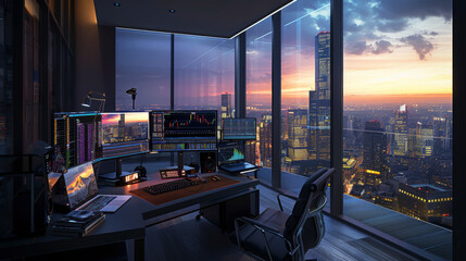 A modern trading office with multiple screens and a stunning cityscape view at sunset, symbolizing finance and business.