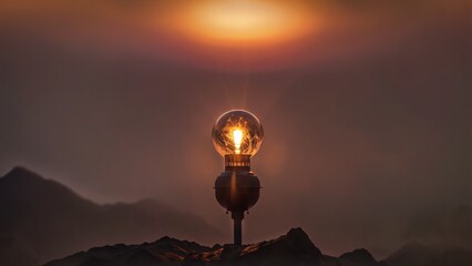 generative ai, A glowing light bulb against a misty, mountainous backdrop at sunrise