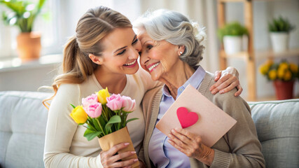 Happy woman congratulating her adult mother and giving her bouquet of flowers and enjoying affection on Mothers day. Birthday or women's day. Relation and motherhood. 