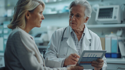 A senior doctor reviews a medical report with a concerned patient in a modern medical office.