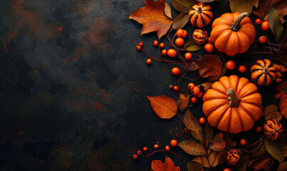 Thanksgiving and Autumn decoration concept made from autumn leaves and pumpkin on dark background. Flat lay, top view with copy space