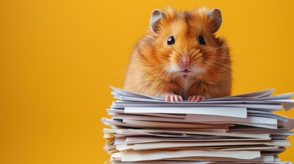 Cute hamster sitting on a pile of papers with yellow background