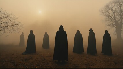 generative ai, A group of hooded figures standing in a misty forest at sunrise