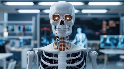 A detailed view of a realistic human skeleton model with glowing eyes, set in a futuristic lab environment.