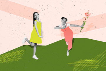 Composite photo collage of two happy teenage girls dance outdoors park spring holiday gift bouquet...