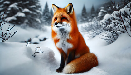 Obraz premium Red Fox Sitting in Snowy Winter Forest