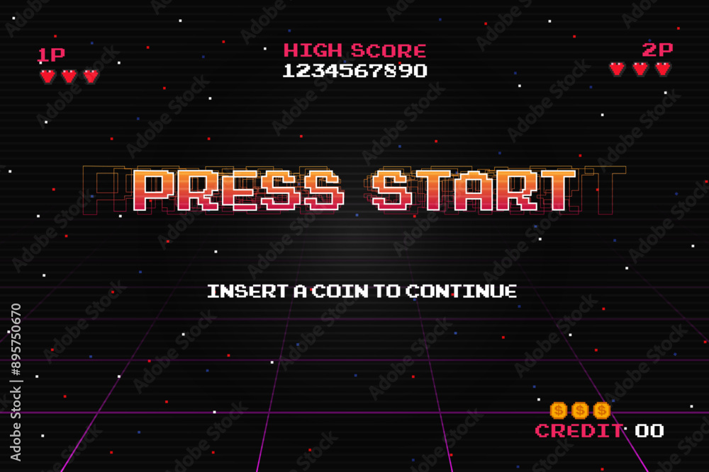 Aufkleber press start insert a coin to continue .pixel art .8 bit game.retro game. for game assets in vector i