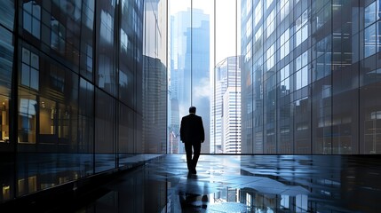 Fototapeta premium A lone businessman walks through a modern cityscape of tall glass buildings, reflecting ambition and corporate life.