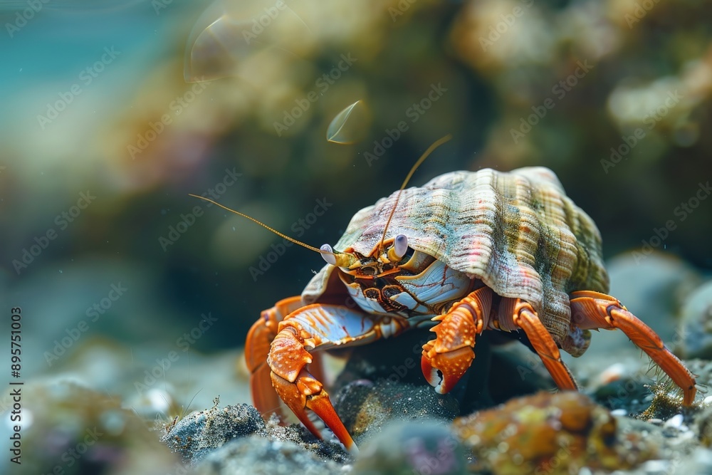 Poster a hermit crab with a beautifully patterned shell navigates the rocky underwater environment, showcas