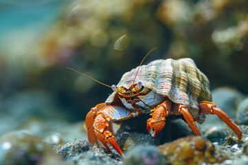 A hermit crab with a beautifully patterned shell navigates the rocky underwater environment, showcasing the intricate design of its home and the surrounding marine life.