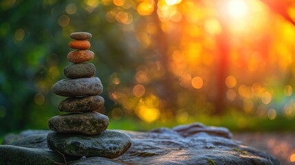 Obraz premium Smooth stones artfully balanced against warm golden light bokeh image copy space. Sun rays filtering through forest banner background blurred. Resilience concept photography copyspace