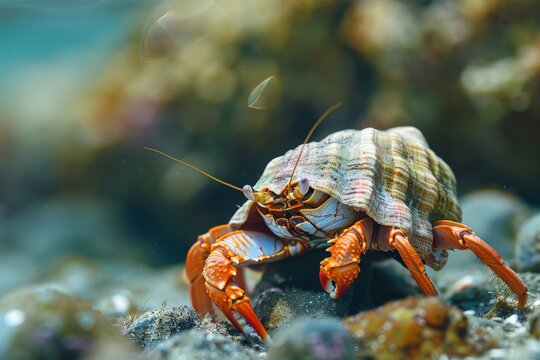 A hermit crab with a beautifully patterned shell navigates the rocky underwater environment, showcasing the intricate design of its home and the surrounding marine life. - Powered by Adobe