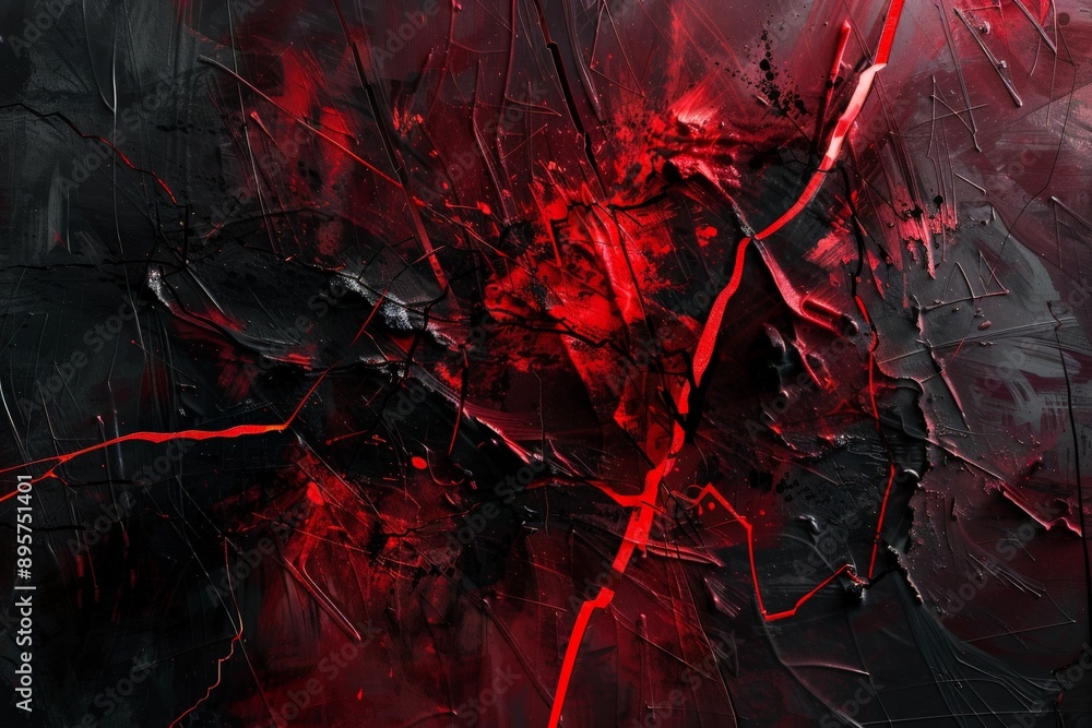 Poster An abstract expressionist splatter painting featuring chaotic red and black colors, representing intense emotions, inner conflict, and upheaval, created with passionate brush strokes.