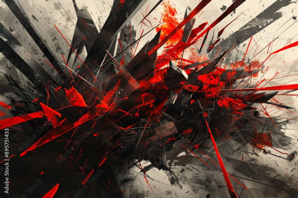 Poster a stunning red and black abstract explosion of sharp shapes and lines, symbolizing energy, chaos, an